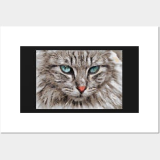 White Cat With Blue Eyes Face Digital Painting Posters and Art